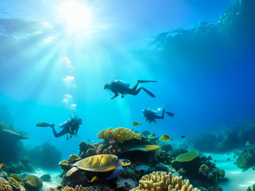 Un vibrante arrecife de coral con vida marina colorida, incluyendo peces tropicales, tortugas marinas y distintas especies de coral