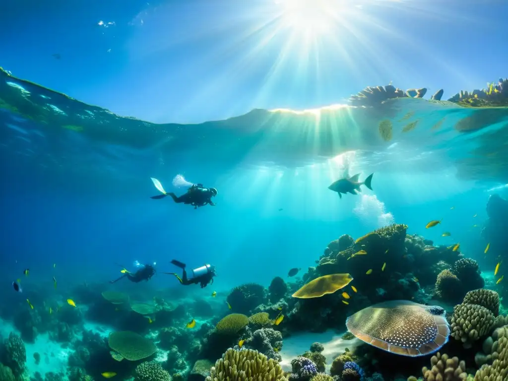 Un vibrante arrecife de coral con vida marina y pescadores locales mostrando la relación entre comunidades costeras y el mar