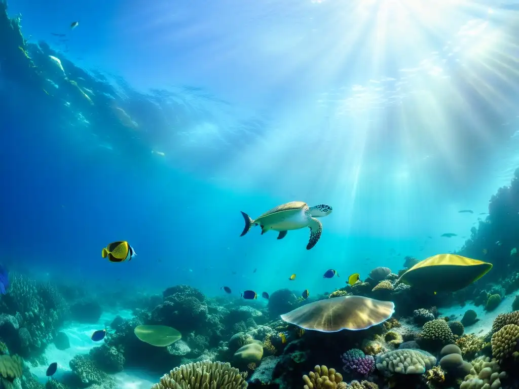 Vibrante arrecife de coral con vida marina diversa, reflejo de buceo sostenible y certificaciones ecológicas