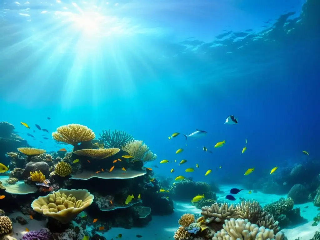 Arrecife de coral vibrante: vida marina en su esplendor Un vibrante arrecife de coral con vida marina diversa, ideal para paseos en barco ecológicos en un mundo submarino sereno y cautivador