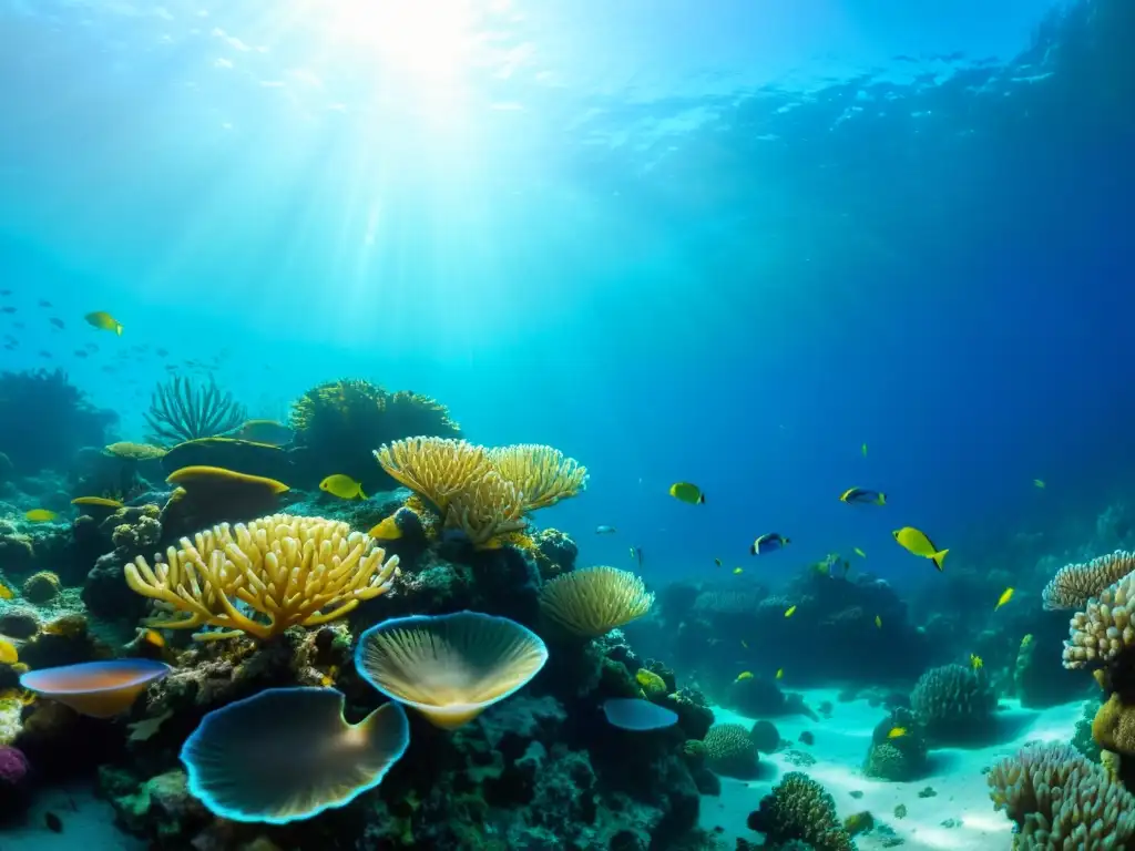 Un vibrante arrecife de coral con vida marina y luz solar filtrándose a través del agua, creando un ambiente sereno y cautivador