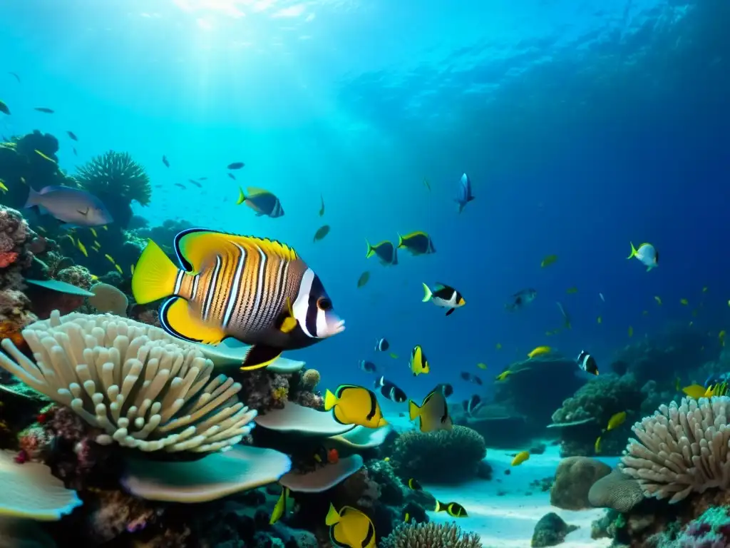 Vibrante arrecife coralino bajo el agua con peces depredadores y de comunidad