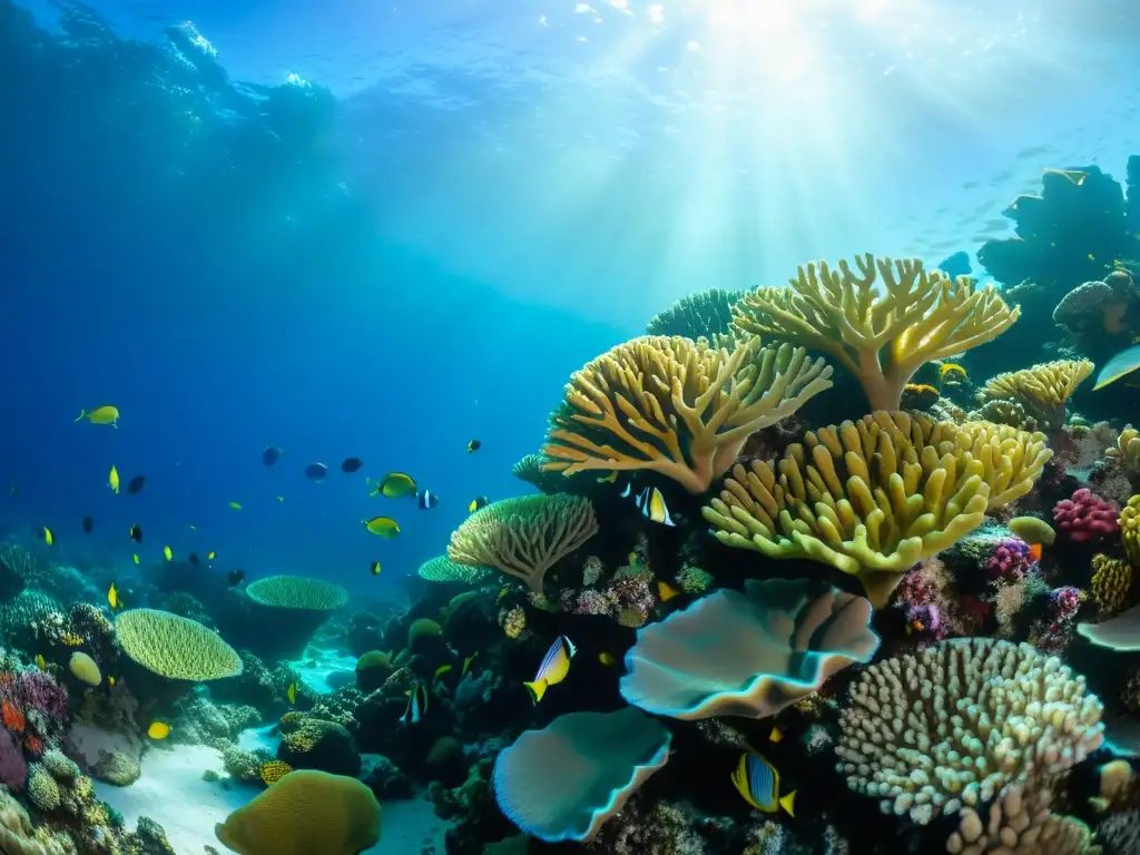 Vibrante arrecife coralino con diversidad de especies, patrones de luz y peces coloridos