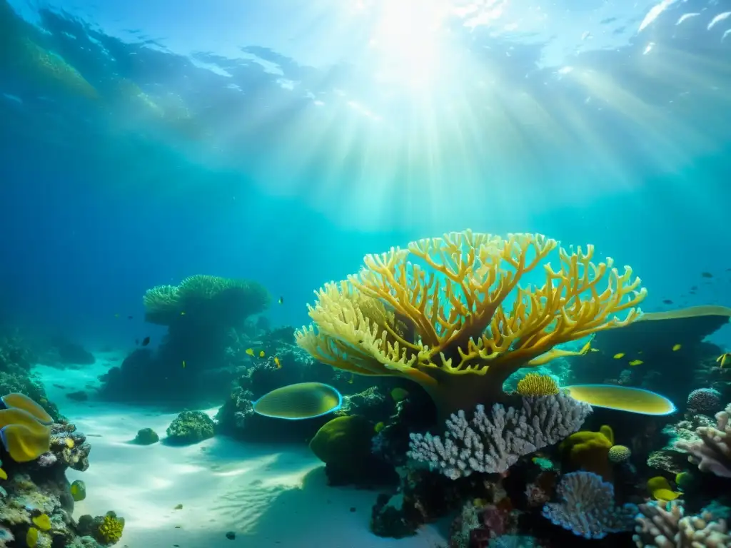 Vibrante arrecife de coral recrea corrientes marinas acuario, con luz solar filtrándose entre la vida marina colorida y ondulante