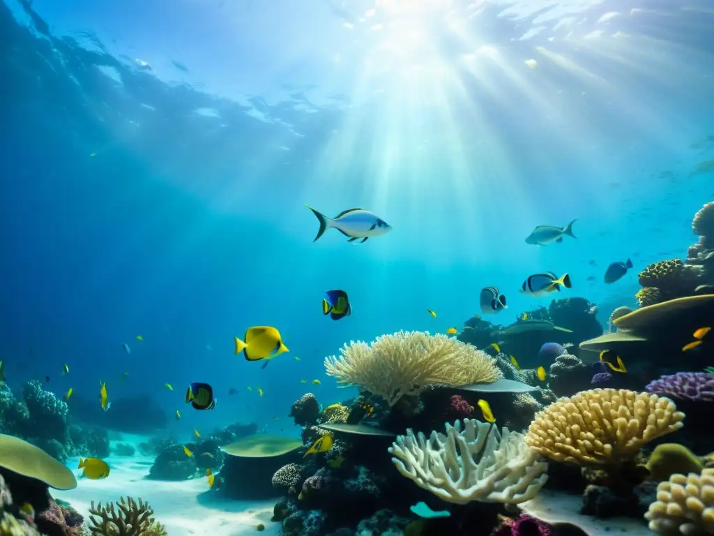 Vibrante arrecife de coral recrea corrientes marinas acuario con peces de colores y vida marina diversa, en un mundo dinámico bajo las olas