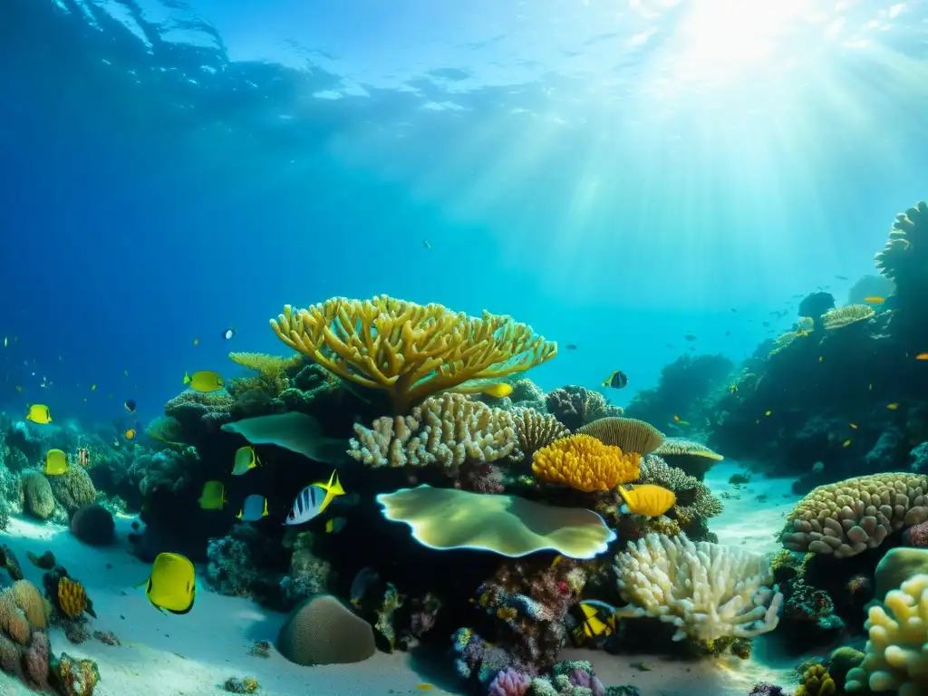 Un vibrante arrecife de coral muestra la diversidad marina y la belleza del mundo submarino, impacto cambio climático corrientes marinas