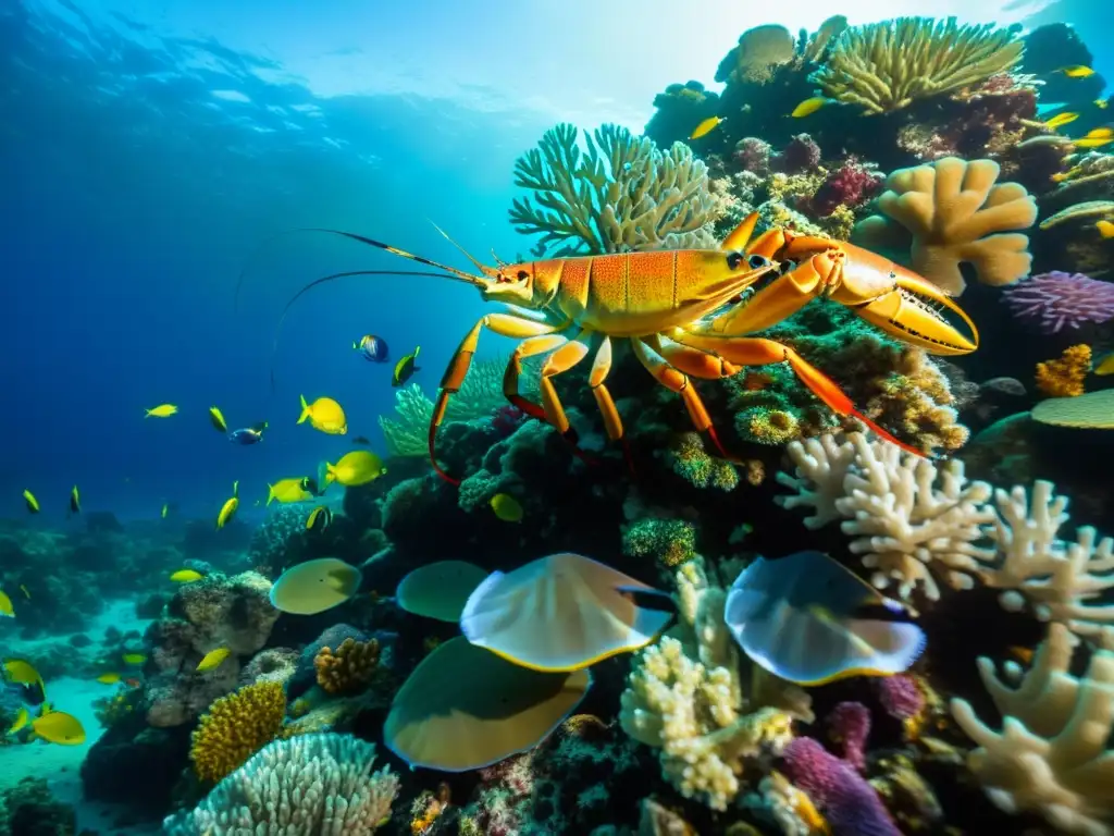 Vibrante arrecife de coral con exóticos mariscos oceánicos, inmerso en la belleza del ecosistema marino