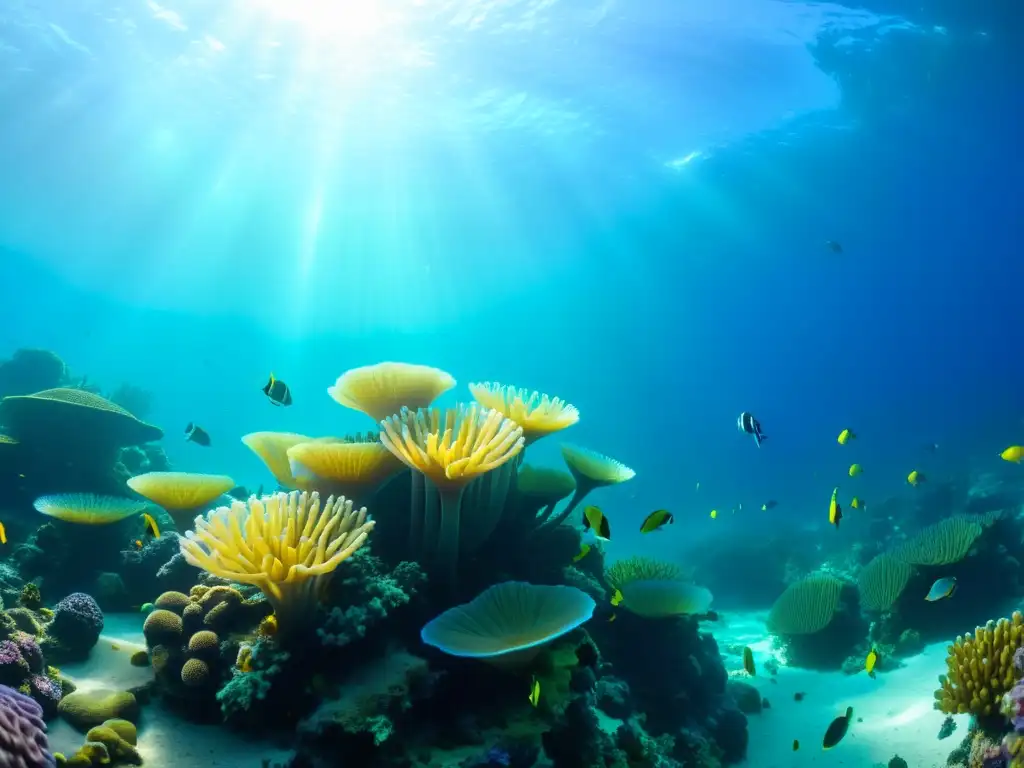 Un vibrante arrecife de coral en el fondo del mar, con peces coloridos y una diversa vida marina