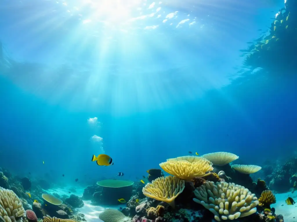 Un vibrante arrecife de coral en el océano Pacífico, con impacto fenómeno oceánico El Niño, vida marina y luz filtrada