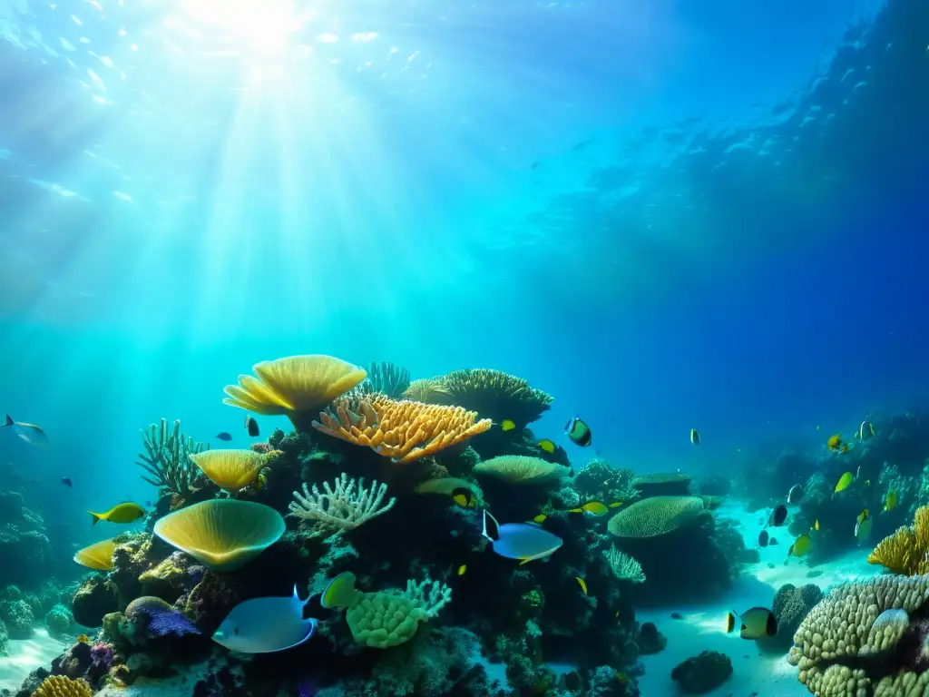 Arrecife de coral: vida submarina en colores Vibrante arrecife de coral ilustra la importancia de los corales en biodiversidad marina con peces tropicales y tortugas marinas entre anémonas