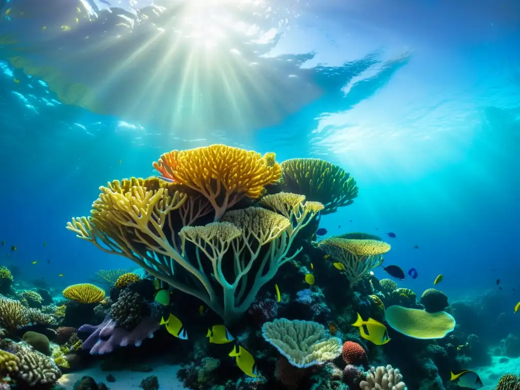 Vibrante arrecife de coral, resaltando la importancia de la simbiosis en corales