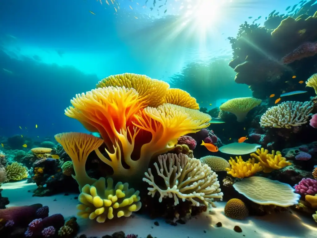 Un vibrante arrecife de coral en el océano 8k, lleno de bacterias marinas en diversas formas y colores, capturando la depuración del océano