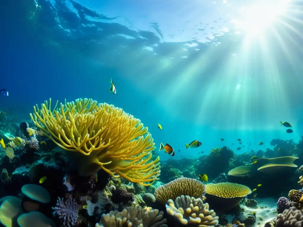 Un vibrante arrecife de coral bajo el mar, capturando la belleza dinámica de la vida marina