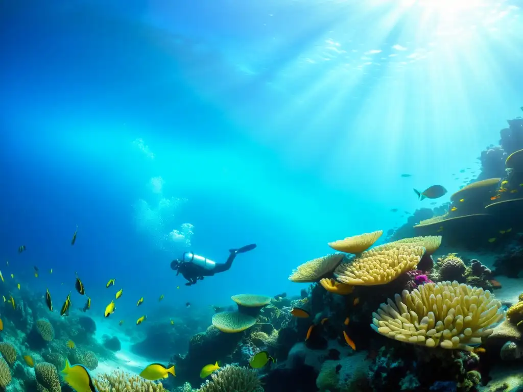 Un vibrante arrecife de coral bajo el mar, con una diversidad de especies marinas y una tortuga majestuosa