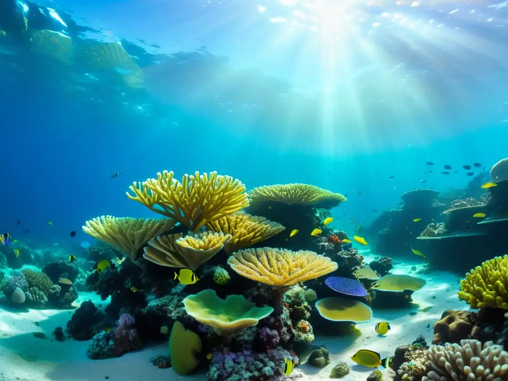 Un vibrante arrecife de coral bajo el mar, con energía undimotriz y vida marina en equilibrio