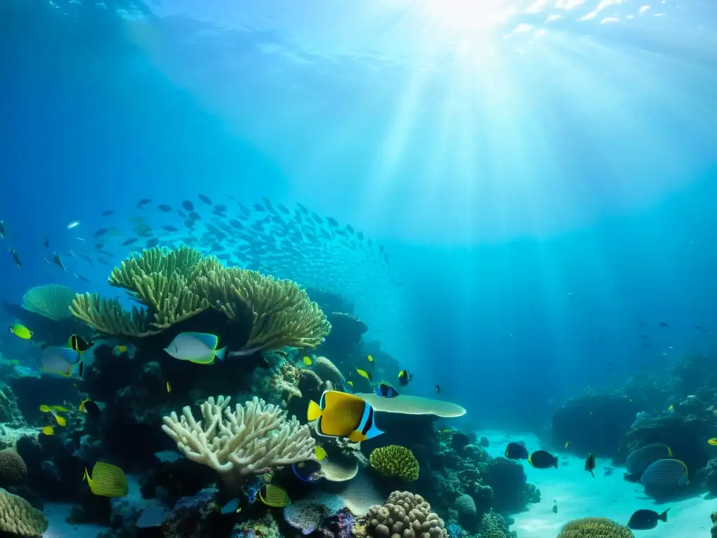 Un vibrante arrecife de coral bajo el mar, con impacto de las corrientes oceánicas, muestra la riqueza de la vida marina