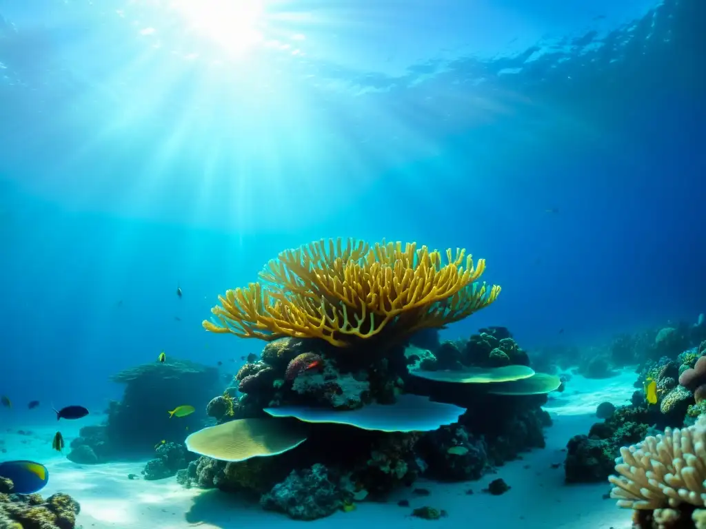 Un vibrante arrecife de coral bajo el mar, con peces coloridos y formaciones de coral, iluminado por la cálida luz solar