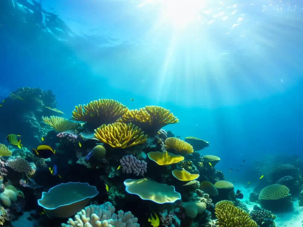 Vibrante arrecife de coral bajo el mar, con peces tropicales y juegos de luz