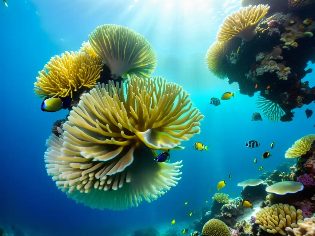 Un vibrante arrecife de coral bajo el mar, con peces tropicales y una variedad de vida marina