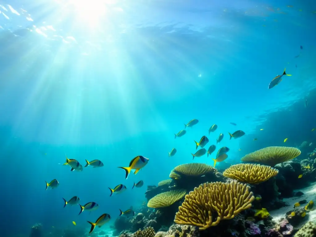 Un vibrante arrecife de coral bajo el mar, repleto de peces coloridos y plantas marinas ondeantes