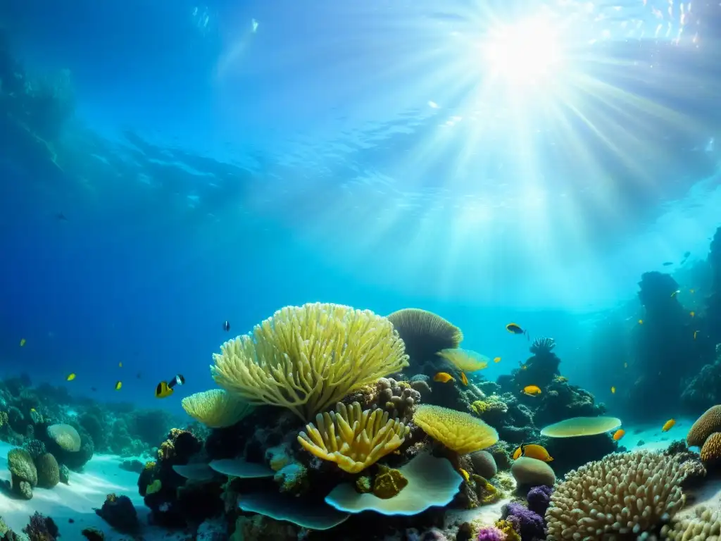 Un vibrante arrecife de coral bajo el mar, repleto de vida marina en un escenario encantador