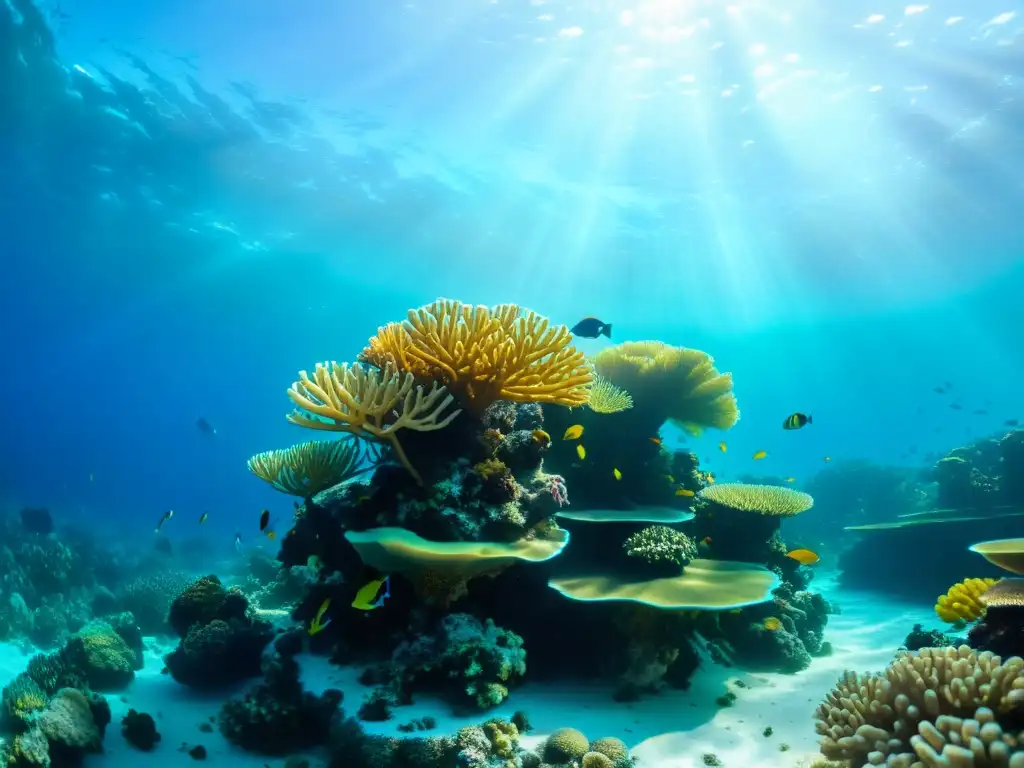 Vibrante arrecife de coral bajo el mar, con vida marina y rayos de sol