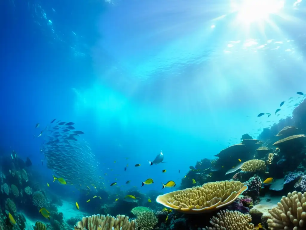 Vibrante arrecife de coral, vida marina en su máximo esplendor: peces de colores, corales intrincados y rayos de sol