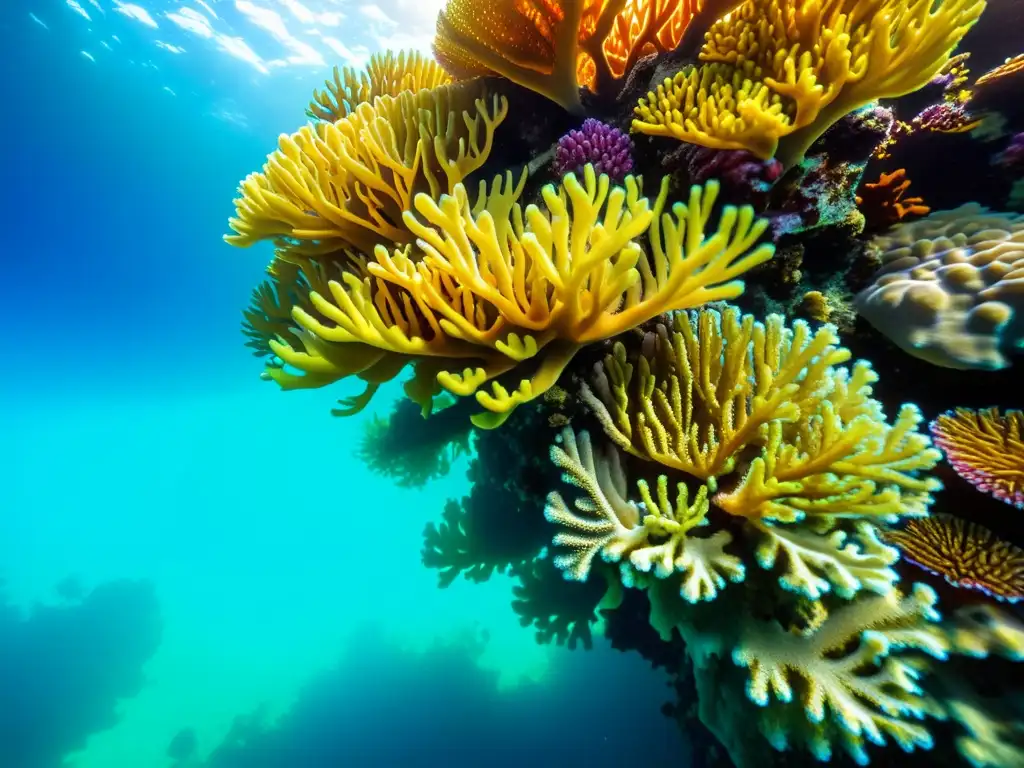 Vibrante arrecife de coral marino, cuidado de corales en acuario marino