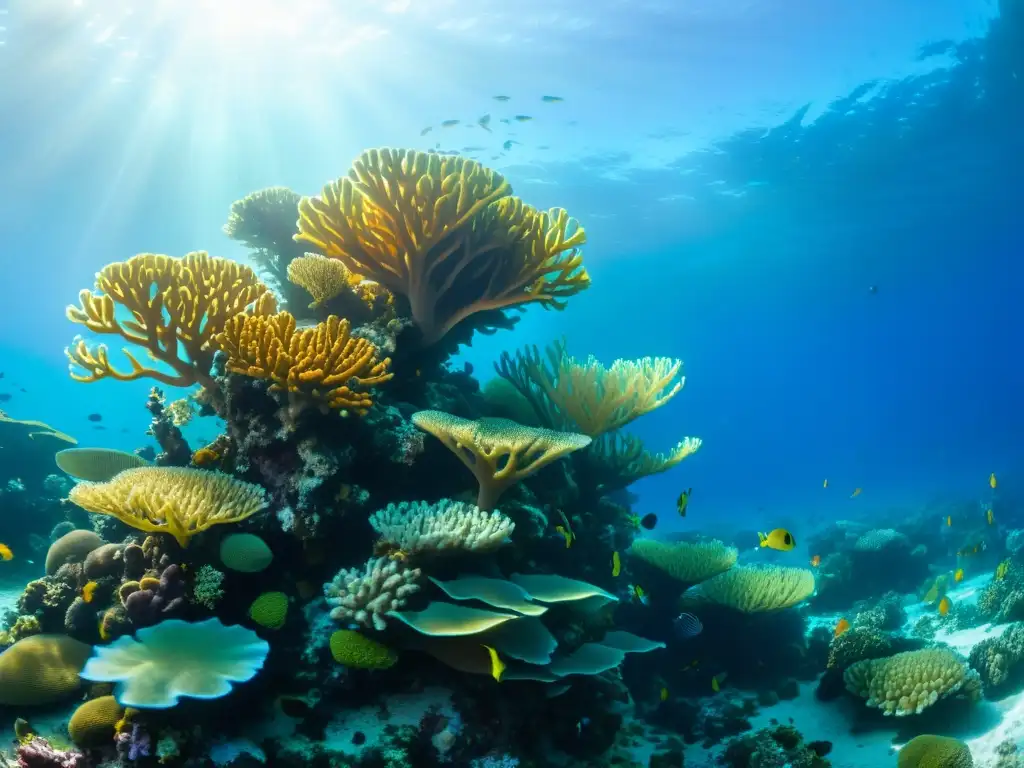 Un vibrante arrecife de coral marino repleto de vida, iluminado por el sol filtrado a través del agua clara