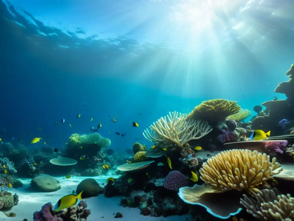 Un vibrante arrecife de coral en el océano profundo, con una diversa vida marina y un juego de luz sorprendente