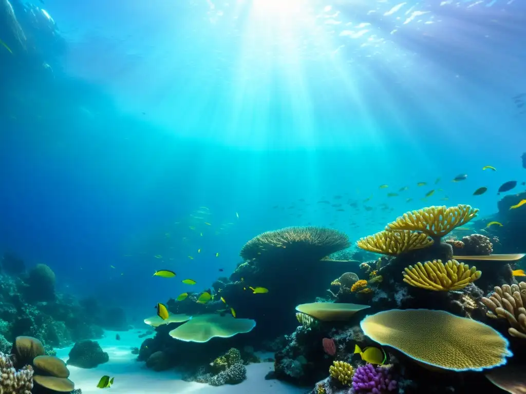 Un vibrante arrecife de coral en el océano, con vida marina colorida y la luz solar filtrándose