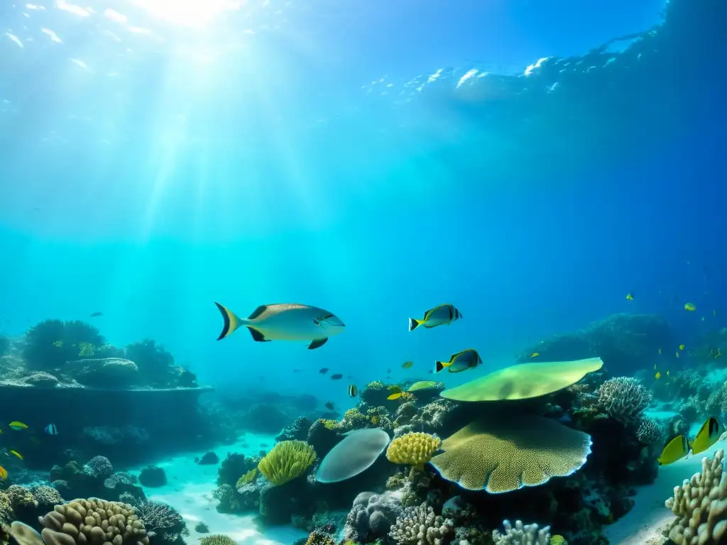 Vibrante arrecife de coral en el océano, con vida marina colorida y aguas cristalinas