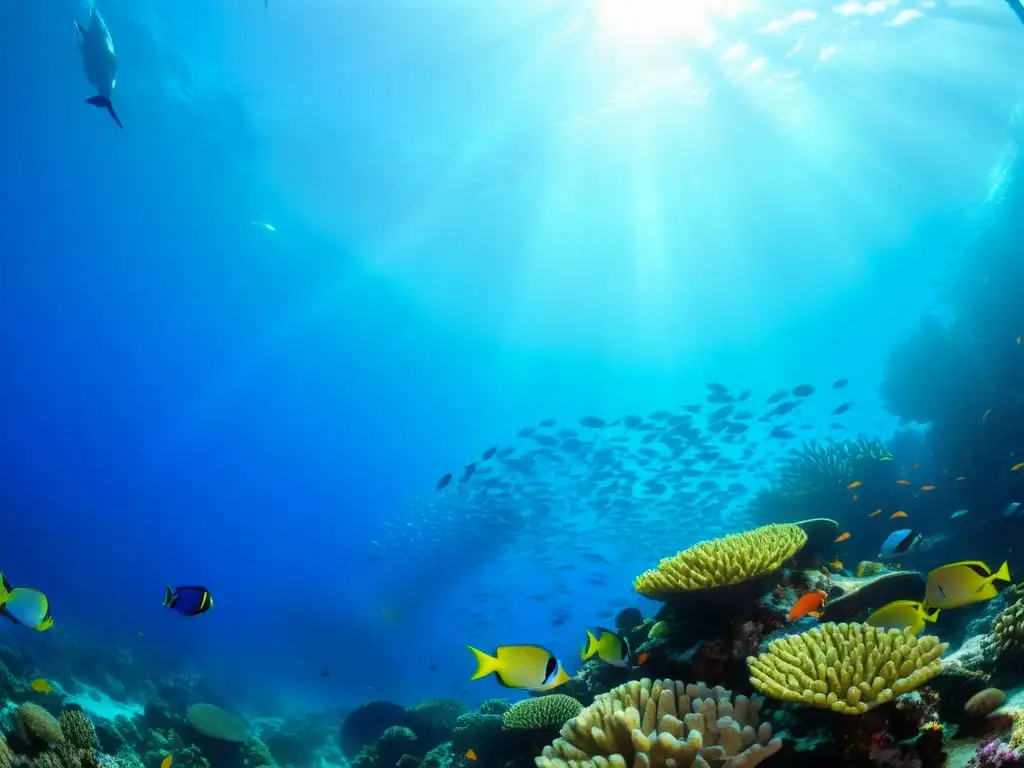 Un vibrante arrecife con peces coloridos para acuario marino nadando entre corales, bajo la cálida luz del sol filtrada en el cristalino mar