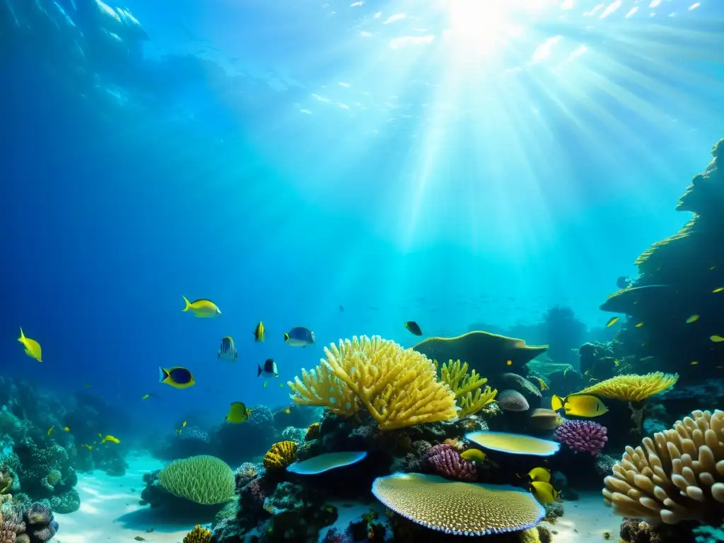 Un vibrante arrecife de coral rebosante de peces coloridos, iluminado por los rayos del sol en el agua cristalina