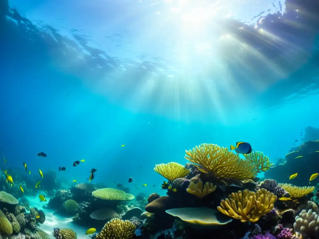 Un vibrante arrecife de coral rebosante de peces coloridos, plantas marinas ondeantes y la luz del sol filtrándose a través del agua cristalina, creando una escena submarina hipnotizadora