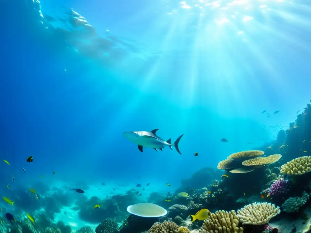 Un vibrante arrecife de coral rebosante de vida marina, con asombrosos peces tropicales, tortugas y mantarrayas