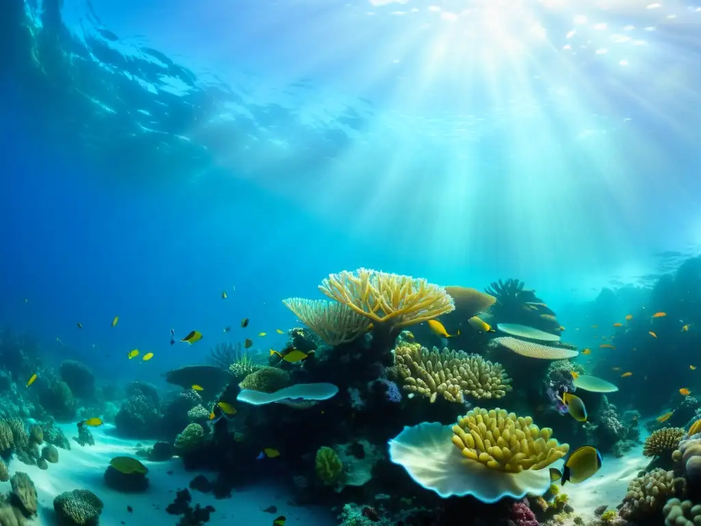 Un vibrante arrecife de coral rebosante de vida marina, bajo el agua cristalina