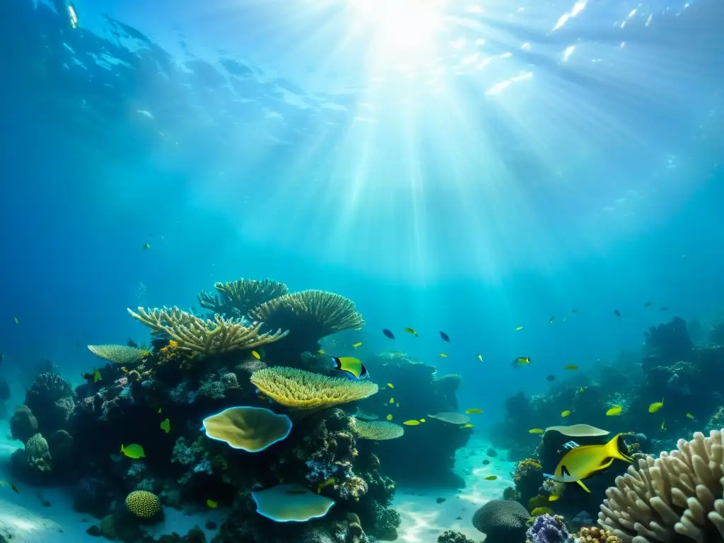 Un vibrante arrecife de coral rebosante de vida marina, reflejando la belleza natural y el impacto ambiental de restaurantes de mariscos