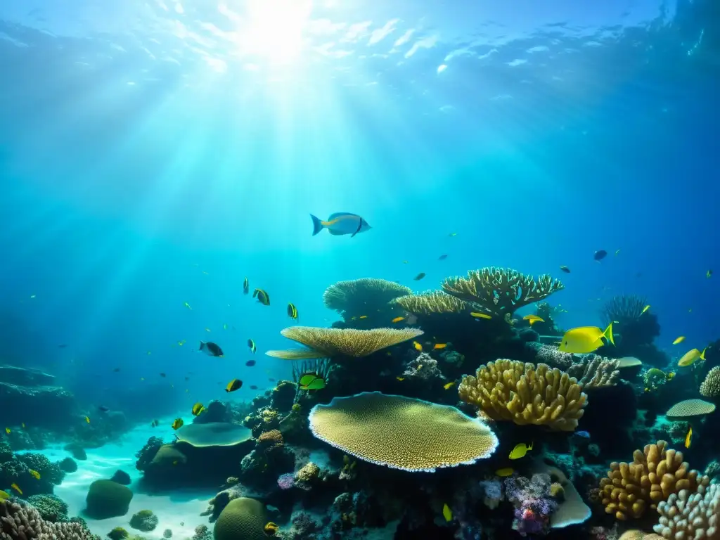 Un vibrante arrecife de coral rebosante de vida marina y una diversidad de peces coloridos bajo la luz del sol