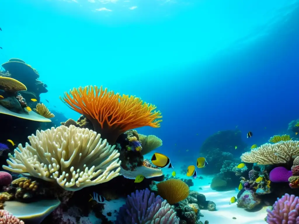 Un vibrante arrecife de coral rebosante de vida marina, con peces coloridos, formaciones de coral intrincadas y otras criaturas fascinantes