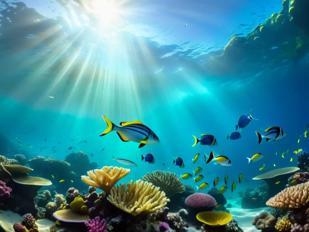 Arrecife de coral vibrante: vida marina en su esplendor Un vibrante arrecife de coral rebosante de vida marina, con peces coloridos, plantas marinas y formaciones de coral
