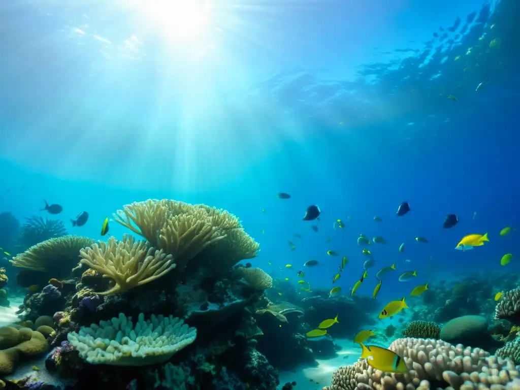 Un vibrante arrecife de coral rebosante de vida marina, con peces coloridos y formaciones de coral