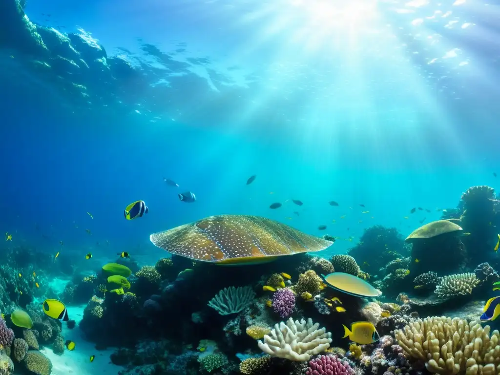 Un vibrante arrecife de coral rebosante de vida marina, con luz solar filtrándose en el agua cristalina