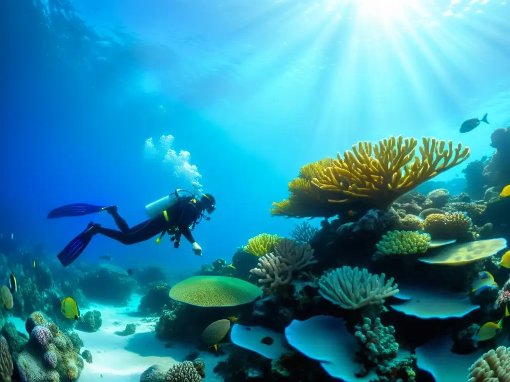 Un vibrante arrecife de coral rebosante de vida marina, con fotógrafo submarino documentando la belleza para conservación marina