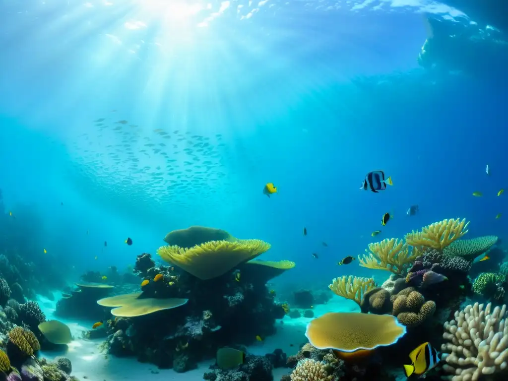 Un vibrante arrecife de coral rebosante de vida marina, iluminado por el sol