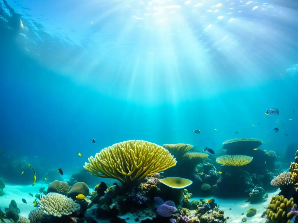 Un vibrante arrecife de coral rebosante de vida marina y carácter marino, con peces coloridos y formaciones de coral