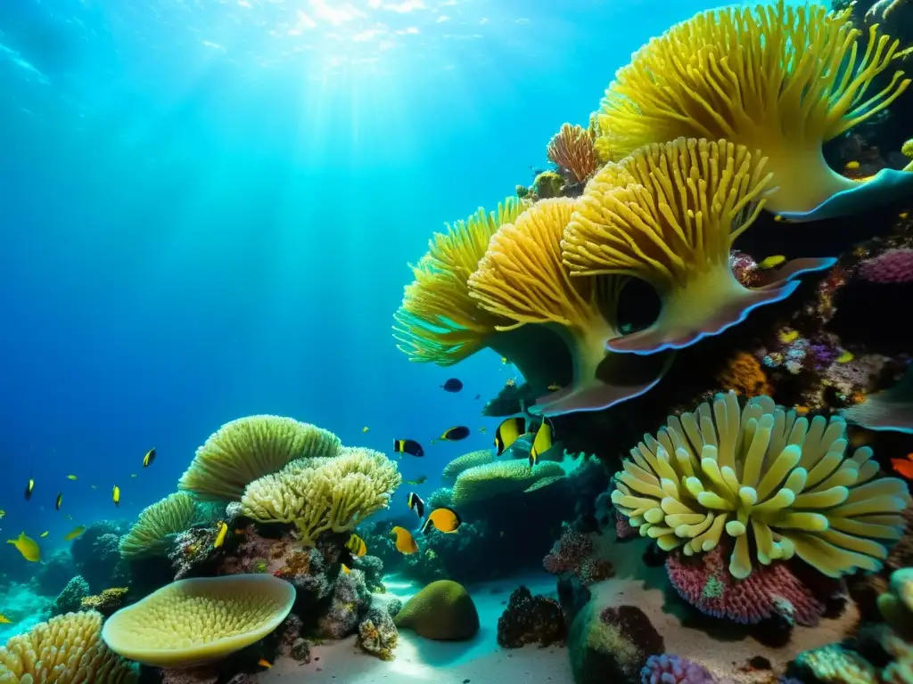 Un vibrante arrecife de coral rebosante de vida marina, con peces coloridos, anémonas y caballitos de mar