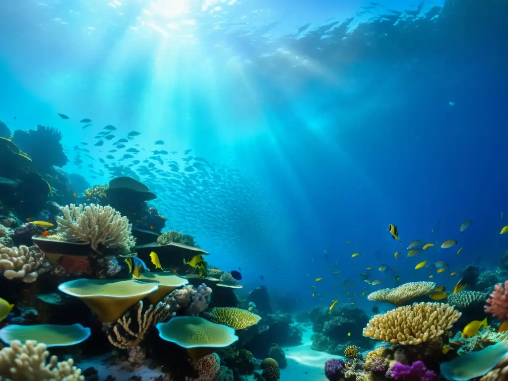 Un vibrante arrecife de coral rebosante de vida marina, con peces de colores iridiscentes nadando en aguas cristalinas