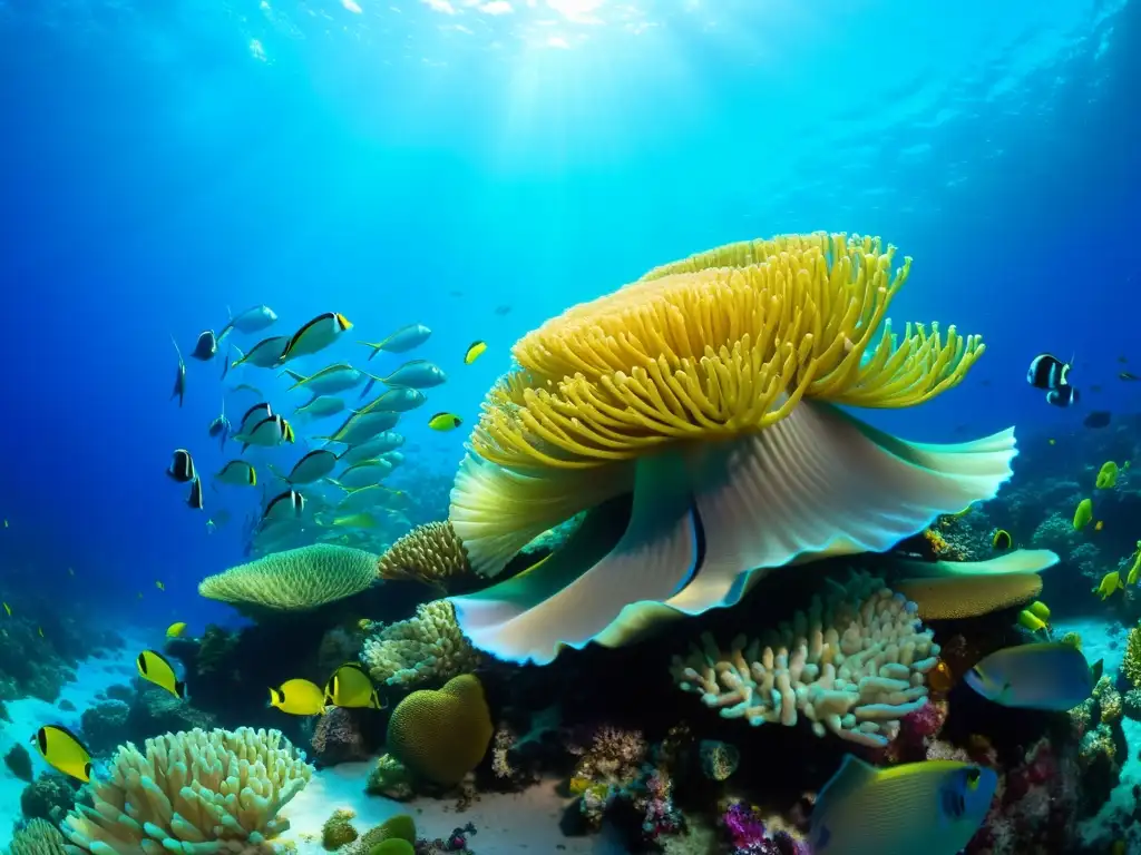 Un vibrante arrecife de coral rebosante de vida marina, con peces coloridos, formaciones de coral e interacción de la luz a través del agua cristalina