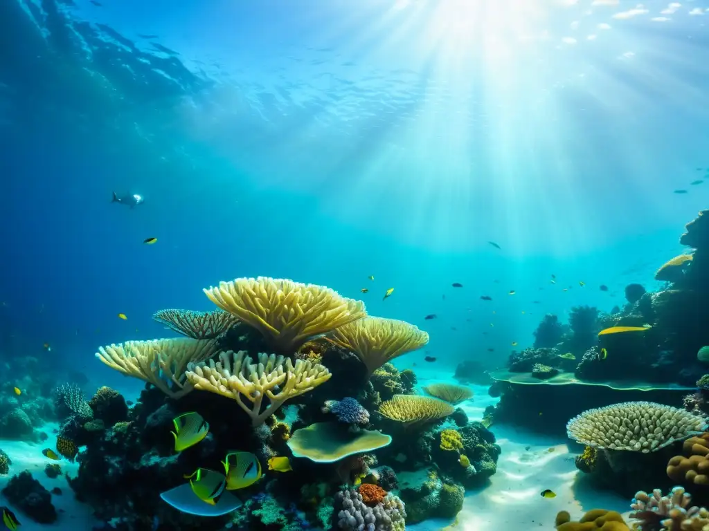 Un vibrante arrecife de coral rebosante de vida marina, con peces coloridos y plantas marinas en aguas cristalinas